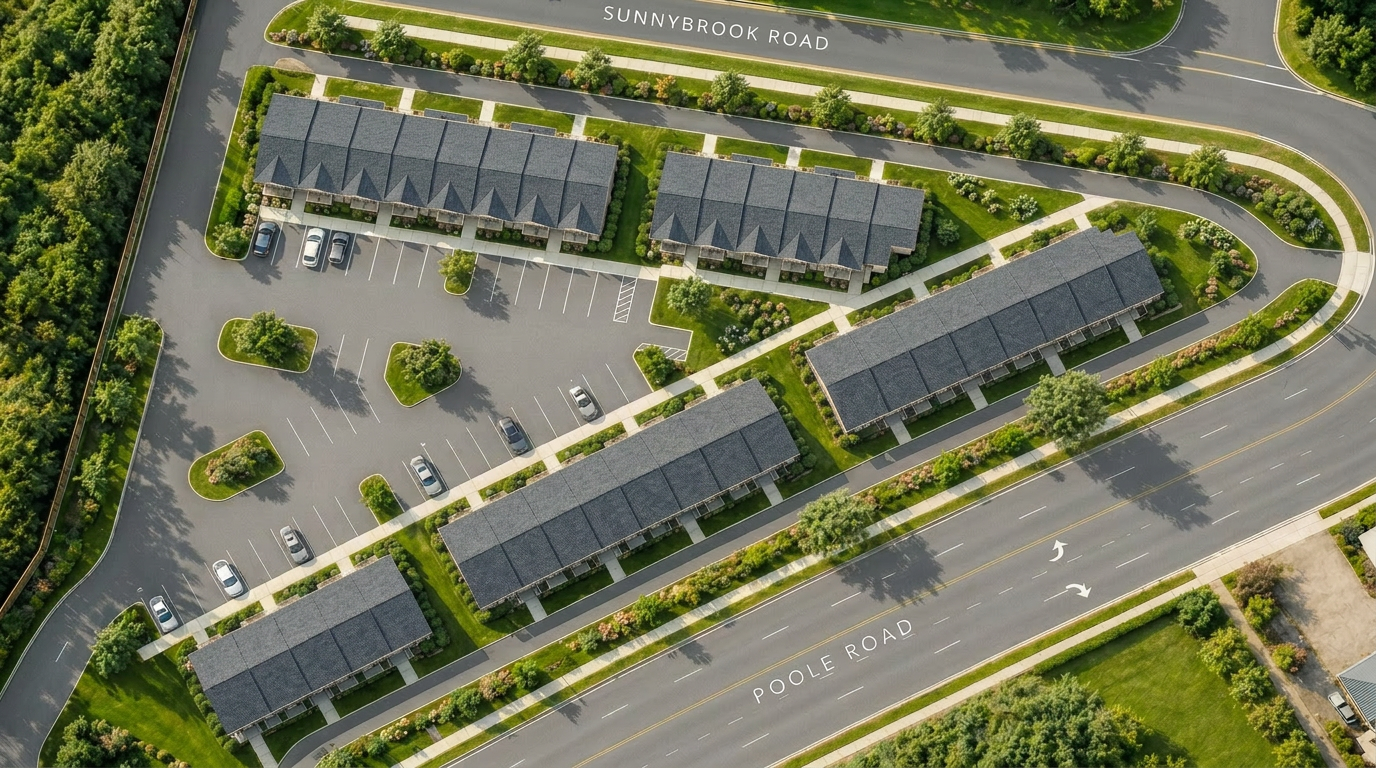 Aerial rendering of PNTE35. townhomes shaped like a pointe between Sunnybrook Road and Poole Road
