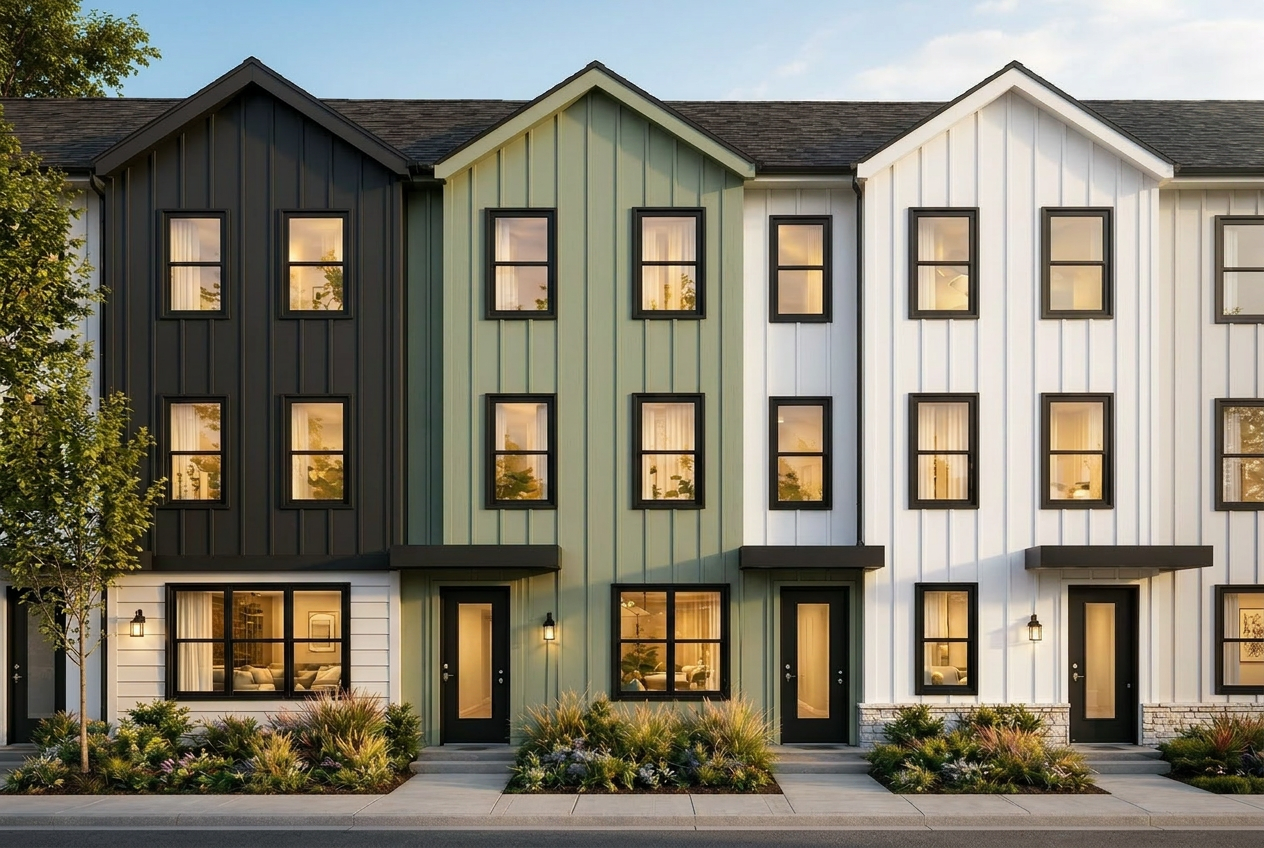 PNTE35 townhome facade rendering at golden hour — modern board-and-batten exterior